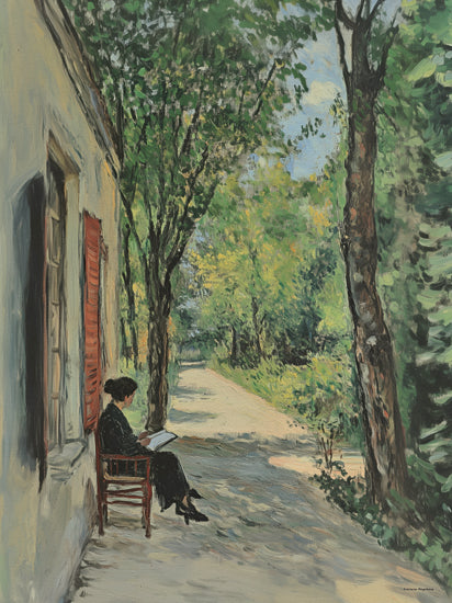 Svetlana Aleinikova SA203 - SA203 - Restful Reading Spot - 12x16 woman reading, outdoor scene, dappled light, trees and path, red shutters, impressionist style, peaceful garden, nature and solitude, painterly texture from Penny Lane
