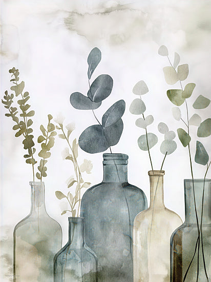 Svetlana Aleinikova SA218 - SA218 - Leafy Reflections - 12x16 eucalyptus stems in assorted bottles, watercolor greenery, botanical still life, blue and green glass, minimalist plant study, soft sage tones, airy neutral background, fresh foliage arrangement, modern organic decor, translucent vessels, serene painterly botanical, contemporary greenery art from Penny Lane