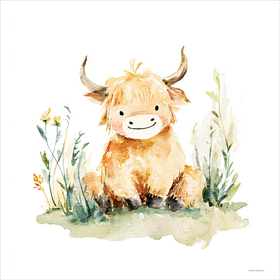 Svetlana Aleinikova SA228 - SA228 - Little Highland - 12x12 watercolor cow, highland calf, cute animal, watercolor illustration, baby animal, soft pastel tones, nature background, grass and flowers, smiling face from Penny Lane