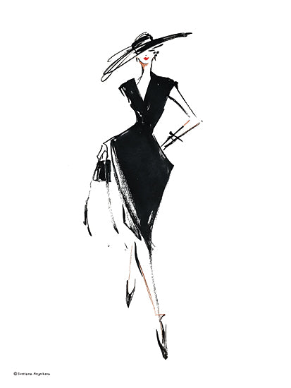 Svetlana Aleinikova SA455 - SA455 - Couture Breeze - 12x16 fashion figure, woman in black dress, hat and handbag, watercolor illustration, minimalist lines, chic and elegant, feminine fashion art, figurative style from Penny Lane