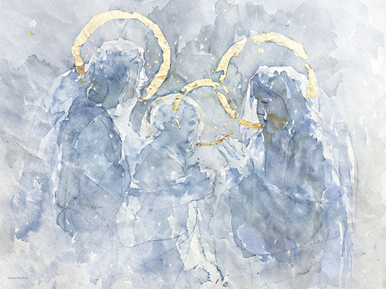 Svetlana Aleinikova SA547 - SA547 - Golden Angels Whisper - 16x12 abstract nativity, holy family, Mary Joseph baby Jesus, blue watercolor wash, gold halos, religious figures, angelic glow, ethereal Christmas art, soft aqua blue, loose linework, sacred family, spiritual holiday, contemporary religious painting, luminous gold accents from Penny Lane