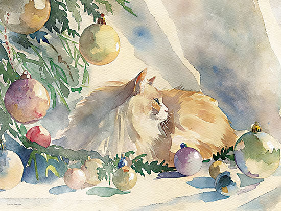 Svetlana Aleinikova SA562 - SA562 - Festive Feline Slumber - 16x12 orange cat, sleeping cat, Christmas ornaments, evergreen branches, baubles, holiday tree, cozy pet, watercolor cat, soft shadows, festive home, relaxed feline, Christmas decor, gentle pastel palette, pet portrait from Penny Lane