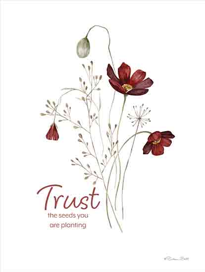 Susan Ball SB1388 - SB1388 - Trust the Seeds - 12x16 wildflowers illustration, maroon flowers, delicate stems, minimalist botanical art, motivational quote from Penny Lane
