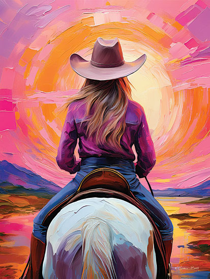 Susan Ball SB1488 - SB1488 - Riding into the Sunset - 12x16 Cowgirl riding horse, sunset sky, cowboy hat, painterly style, western landscape, vibrant colors, country theme, American west, horse back view, digital painting from Penny Lane