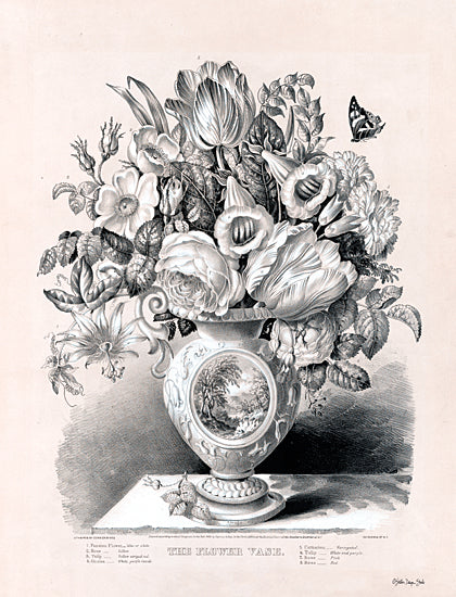 Sara G. Designs SDS1308 - SDS1308 - The Flower Vase - 12x16 flower vase, botanical illustration, vintage lithograph, labeled flowers, still life, floral print, tulip, rose, carnation, passion flower, gloxinia, butterfly, Victorian art from Penny Lane