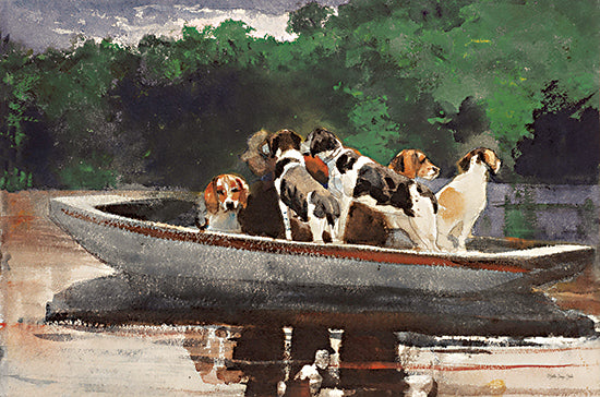 Stellar Design Studio SDS1409 - SDS1409 - Pack of Hounds - 18x12 dogs in boat, river crossing, hound dogs, watercolor, forest background, animals on water, boat ride with dogs, wildlife and transportation from Penny Lane