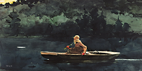 Stellar Design Studio SDS1410 - SDS1410 - The Rise - 18x9 fisherman in boat, dark forest backdrop, dusk on the lake, fishing rod, solitary man, dramatic sky, watercolor painting from Penny Lane