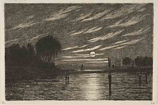 Stellar Design Studio SDS1477 - SDS1477 - Little Hell Gate, Harlem, NY - 18x12 moonlit river, black and white etching, sailing boat, night sky, reflection in water, atmospheric print, tranquil scene, shoreline silhouettes from Penny Lane