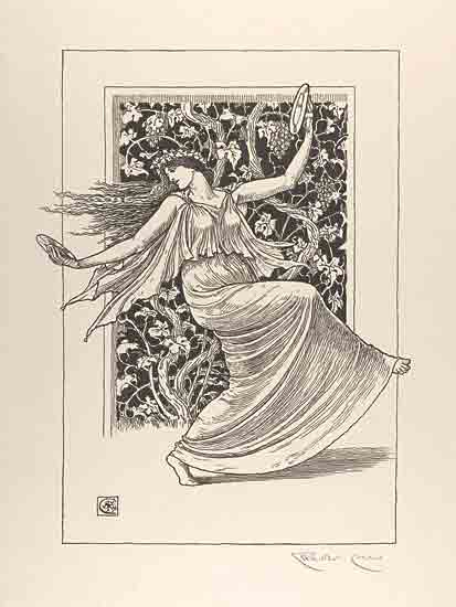 Stellar Design Studio SDS1484 - SDS1484 - Dancing Nymph - 12x16 dancing woman, art nouveau, black and white drawing, decorative background, vine and grapes, flowing dress, mythological style, vintage illustration from Penny Lane