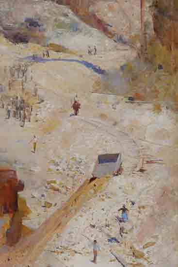 Stellar Design Studio SDS1486 - SDS1486 - The Old Mine - 12x18 landscape painting, workers, impressionist brushwork, earth tones, construction scene, industrial labor, plein air painting, mining area, dynamic movement, historical scene from Penny Lane