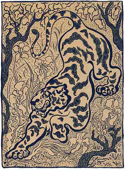 Stellar Design Studio SDS1487 - SDS1487 - Navy Tiger - 12x16 tiger, stylized animal, floral motif, jungle pattern, bold lines, illustrative style, blue ink on tan paper, exotic wildlife, decorative pattern, traditional print style from Penny Lane