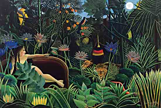 Stellar Design Studio SDS1488 - SDS1488 - The Dream - 18x12 jungle scene, nude woman, exotic animals, moonlight, fantasy forest, lush greenery, lions, musical figure, Henri Rousseau, surreal painting from Penny Lane