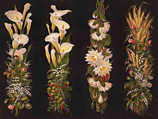 Stellar Design Studio SDS1492 - SDS1492 - Vintage Flower Grouping - 16x12 botanical verticals, calla lilies, wheat and roses, decorative florals, symmetrical design, black background, stylized realism, vintage botanical, floral arrangements from Penny Lane