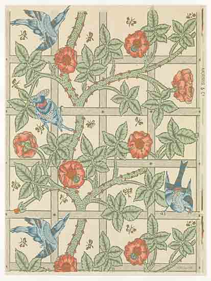 Stellar Design Studio SDS1494 - SDS1494 - Birds on Trellis - 12x16 decorative birds, floral trellis, rose vines, vintage wallpaper, symmetrical design, stylized pattern, folk art style, colorful birds, retro aesthetic, William Morris from Penny Lane