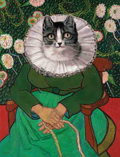 Stellar Design Studio SDS1505 - SDS1505 - Cat Lady - 12x16 cat portrait, ruff collar, whimsical animal art, humorous painting, Van Gogh parody, floral background, anthropomorphic cat, vintage fashion, folk style, quirky decor from Penny Lane