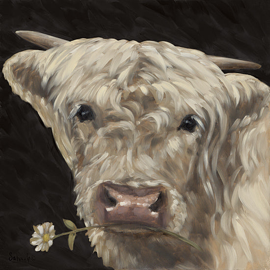 Sara G. Designs SGD262 - SGD262 - Pretty Posy - 12x12 highland cow, whimsical animal portrait, flower in mouth, expressive eyes, dark background, textured brush strokes from Penny Lane