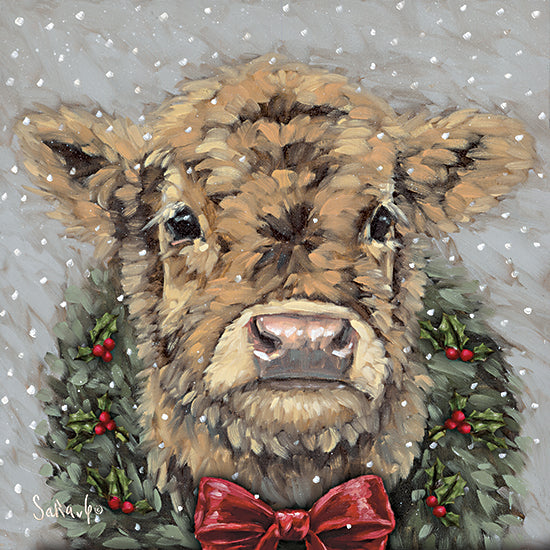 Sara G. Designs SGD271 - SGD271 - Snowy Day Christmas Cow I    - 12x12 holiday cow, christmas cow with wreath, snowy background, festive bow, winter animal portrait from Penny Lane