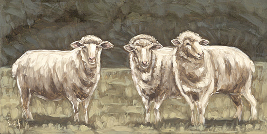 Sara G. Designs SGD292 - SGD292 - Pastoral Gathering - 18x9 three sheep, standing sheep, green pasture, oil painting, rural life, livestock, countryside, brush strokes, expressive style, muted tones from Penny Lane