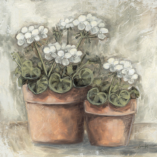 Sara G. Designs SGD305 - SGD305 - Whispering Petals - 12x12 geraniums, terracotta pots, pale wall, textured background, flower pot pair, rustic charm from Penny Lane