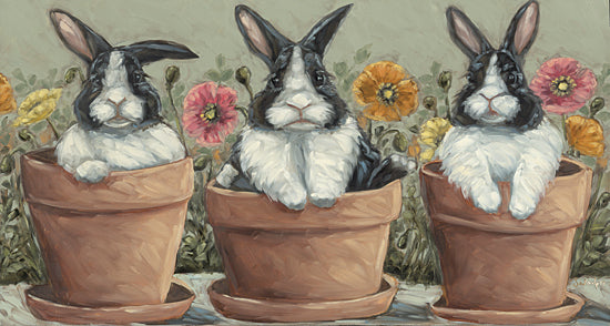 Sara G. Designs SGD306 - SGD306 - Bunnies in Bloom - 18x9 Three black and white bunnies in terracotta flower pots, surrounded by colorful poppies, whimsical style, spring theme, humorous tone from Penny Lane