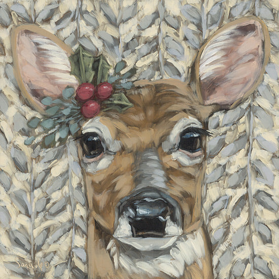 Sara G. Designs SGD332 - SGD332 - Holly Jolly Deer - 12x12 Cute deer with holly and berries on ear, knitted background pattern, soft pastel colors, festive feel, holiday season from Penny Lane
