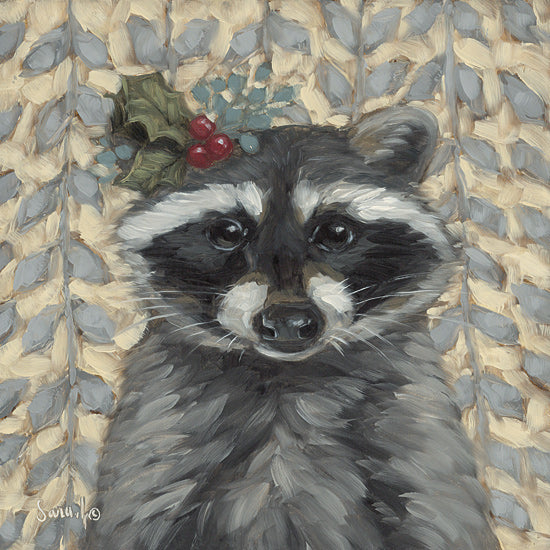 Sara G. Designs SGD333 - SGD333 - Holly Jolly Racoon - 12x12 Raccoon with holiday holly decoration, knit pattern background, festive winter scene, oil painting texture from Penny Lane