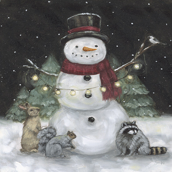 Sara G. Designs SGD347 - SGD347 - Frosty Friends - 12x12 snowman, top hat, red scarf, glowing lights, snowy forest, rabbit, squirrel, raccoon, bird, winter night, snowfall, forest animals, whimsical scene, holiday magic from Penny Lane