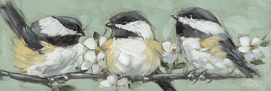 Sara G. Designs SGD352 - SGD352 - Waiting for Spring - 18x6 chickadees on branch, spring birds, floral branch, nature illustration, small birds, mint green background, delicate white flowers from Penny Lane