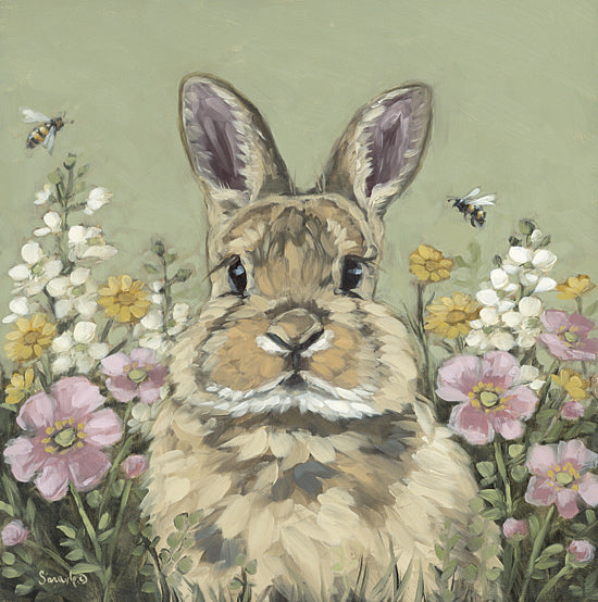 Sara G. Designs SGD354 - SGD354 - Spring Abloom I - 12x12 bunny in flower field, spring rabbit, wildflowers, green background, bees and blossoms, adorable animal art, cute bunny painting from Penny Lane