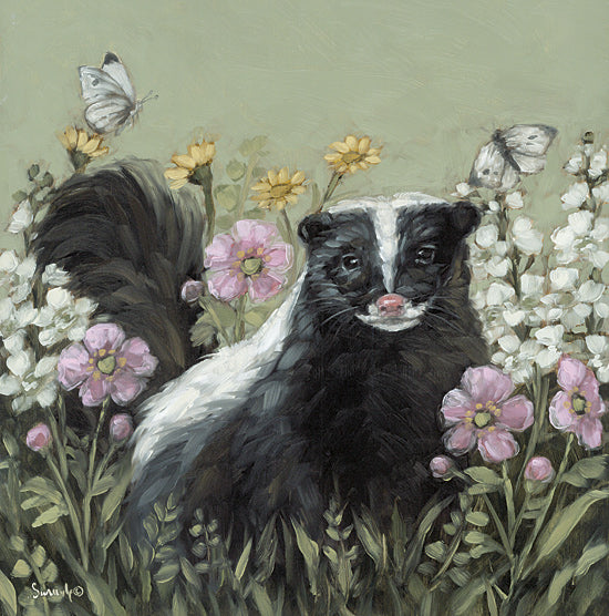 Sara G. Designs SGD355 - SGD355 - Spring Abloom II - 12x12 skunk in garden, whimsical animal art, wildflowers and butterflies, spring scene, black and white skunk, green floral background from Penny Lane