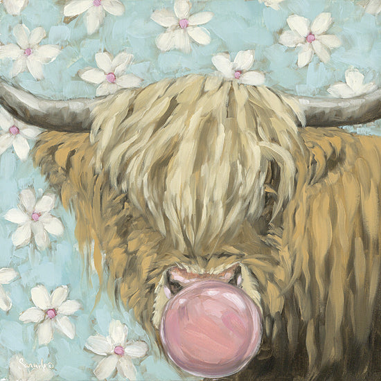 Sara G. Designs SGD368 - SGD368 - Bubblegum Sweetie   - 12x12 highland cow, green floral background, bubble gum, humorous animal art, whimsical style, pastel colors from Penny Lane