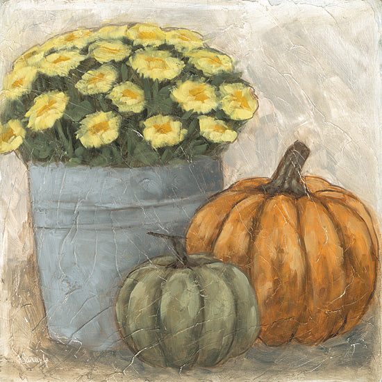 Sara G. Designs SGD395 - SGD395 - Flower Pot and Pumpkins I - 12x12 fall still life, orange pumpkins, green pumpkin, yellow flowers, blue metal bucket, rustic harvest decor, autumn farmhouse, textured neutral background, seasonal botanical, cozy Thanksgiving arrangement from Penny Lane