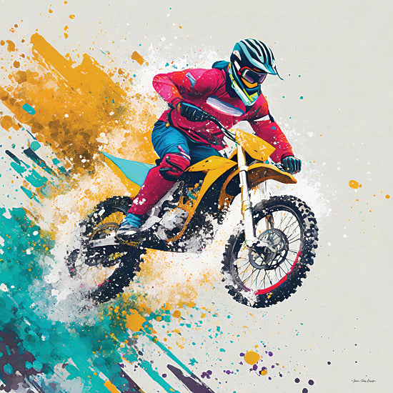 Seven Trees Design ST1100 - ST1100 - Ride the Wind - 12x12 motocross rider, colorful gear, dirt bike, action splash art, motion blur, adrenaline, extreme sports, splatter paint, stunt, dynamic illustration from Penny Lane