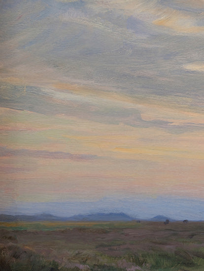 Seven Trees Design ST1120 - ST1120 - Dreamscape Vista - 12x16 landscape painting, pastel sky, serene scene, twilight horizon, green plains, distant mountains, oil brushstrokes, atmospheric depth, tranquil, nature scene from Penny Lane