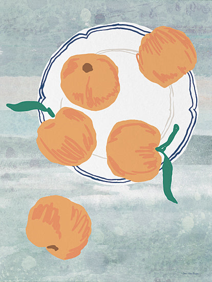 Seven Trees Design ST1169 - ST1169 - Garden's Delight - 12x16 Peaches on plate, fruit illustration, flat design, still life, kitchen art, blue and green background from Penny Lane