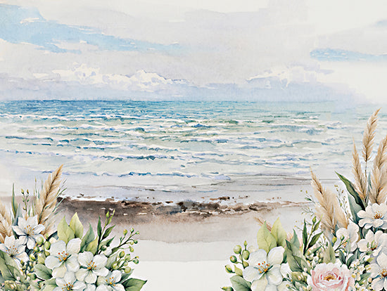 Seven Trees Design ST1174 - ST1174 - Rhythm of the Sea - 16x12 coastal view, beach, ocean waves, watercolor seascape, flowers in foreground, delicate floral, seaside, green-blue sea, artistic ocean, nature and floral harmony from Penny Lane