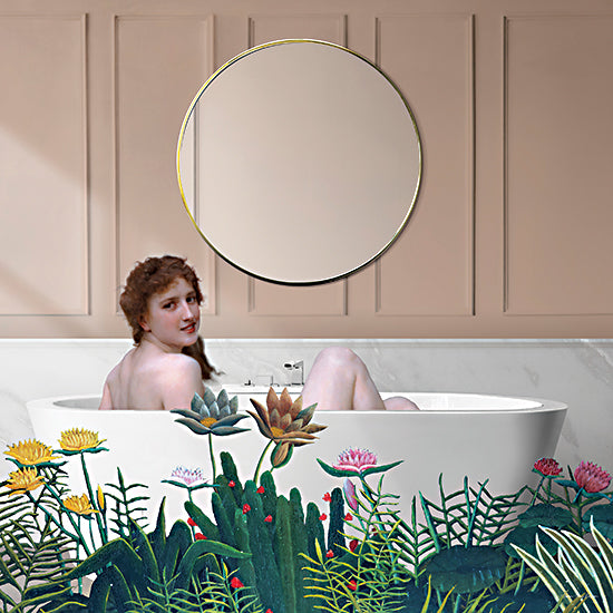 Seven Trees Design ST1177 - ST1177 - The Bathing Muse - 12x12 Woman in bathtub, classical painting remix, modern bathroom, surreal plants, floral overlay, vintage figure from Penny Lane
