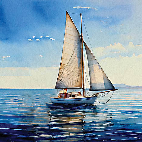 Seven Trees Design ST1221 - ST1221 - Silent Voyage   - 12x12 sailing boat, ocean scene, watercolor texture, peaceful blue sea, open waters, tranquil summer day, nautical theme from Penny Lane