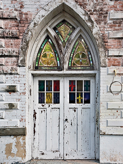 Catch A Star Fine Art STAR199 - STAR199 - Stained Glass Grace - 12x16 Stained glass windows, rustic white door, gothic arch, peeling paint, weathered texture, church facade, vintage religious building from Penny Lane