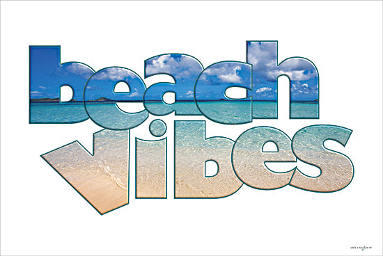 Catch A Star Fine Art STAR203 - STAR203 - Beach Vibes - 18x12 Beach vibes text overlay, tropical island view, sandy ocean shore, coastal typography, seascape lettering from Penny Lane