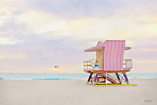 Catch a Star Fine Art STAR222 - STAR222 - Pink Paradise - 18x12 pink lifeguard tower, pastel colors, beach scene, ocean horizon, sunrise sky, minimalist architecture, coastal art, vacation vibes from Penny Lane