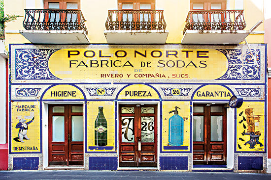 Catch a Star Fine Art STAR235 - STAR235 - Polo Norte Storefront - 18x12 vintage soda factory, Spanish tiles, colorful storefront, historical building, artistic facade, soda advertisement, blue and yellow design from Penny Lane