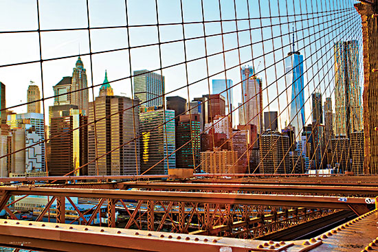 Catch a Star Fine Art STAR240 - STAR240 - Strands of Steel - 18x12 manhattan skyline, buildings, sunset reflections, iconic view, bridge foreground, cables, golden tones, city lights, architectural design, new york from Penny Lane