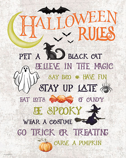 Catch A Star Fine Art STAR393 - STAR393 - Halloween Rules - 12x16 halloween rules, subway art, halloween typography, black cat, ghost, bats, moon, candy, pumpkin, witch on broom, playful seasonal sign, holiday word art, festive halloween decor, whimsical illustrated text, october party print, family halloween wall art from Penny Lane
