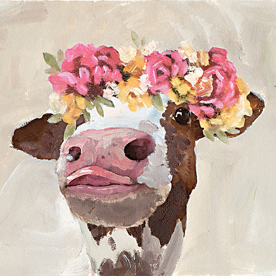 White Ladder WL175 - WL175 - Sassy Cow    - 12x12 cow, flower crown, pink, whimsical farm animal, floral decor, portrait, barn animal, expressive eyes, vibrant colors, humor from Penny Lane