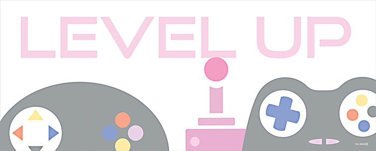 Yass Naffas Designs YND405 - YND405 - Level Up with Controllers - 36x12 Level Up with controller graphics, gaming joystick, console buttons, minimalist vector style, gamer message, pink and pastel design from Penny Lane