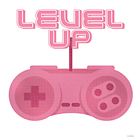 Yass Naffas Designs YND408 - YND408 - Level Up - 12x12 Level Up text with pink retro controller, halftone pattern, gamer art, nostalgic gamepad, motivational gamer message, bold composition from Penny Lane
