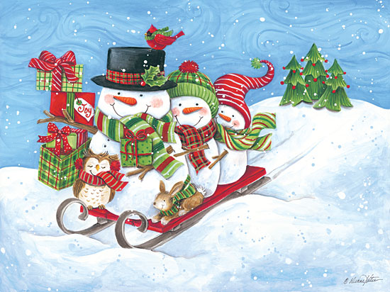 Diane Kater ART1167 - ART1167 - Sledding for All - 16x12 Sled, Sled Riding, Holidays, Snowmen, Winter, Owl, Birds, Forest Animals, Trees, Snowman Family from Penny Lane