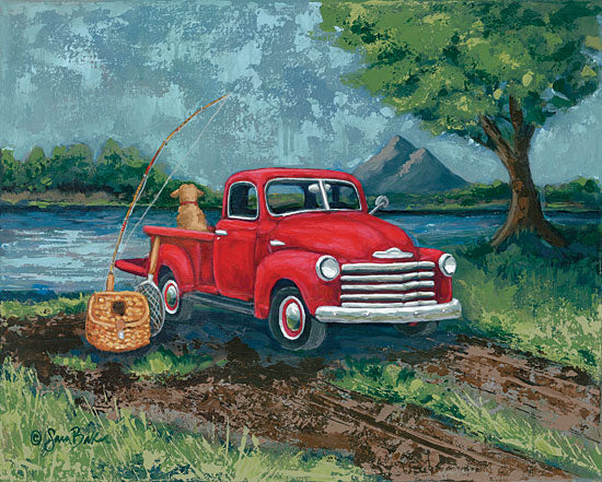 Sara Baker BAKE120 - BAKE120 - Red Truck Fishing Buddy - 16x12 Truck, Dog, Fishing, Tree, Mountains, Creek from Penny Lane