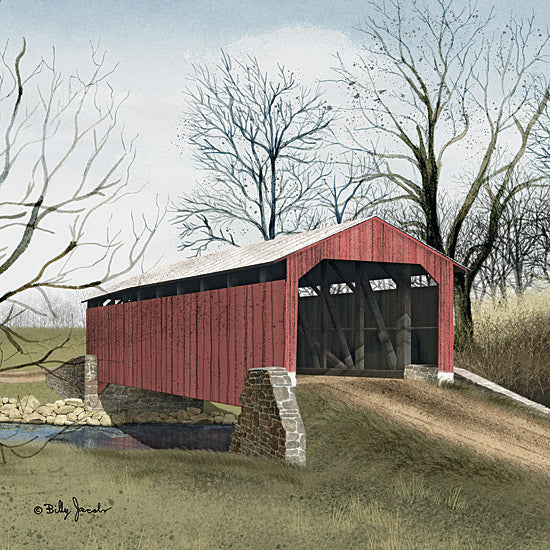 Billy Jacobs BJ1332 - BJ1332 - Red Bridge at Pool Forge II - 12x12 Folk Art, Bridge, Covered Bridge, Road, Country Road, Creek, Red Bridge at Pool Forge from Penny Lane